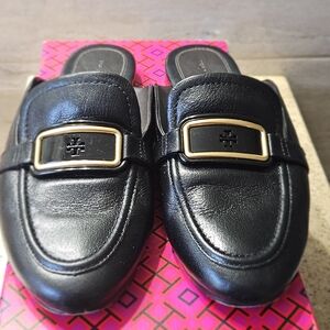 Tory Burch Georgia Backless Black Leather Mules with Gold Accent - 8.5
